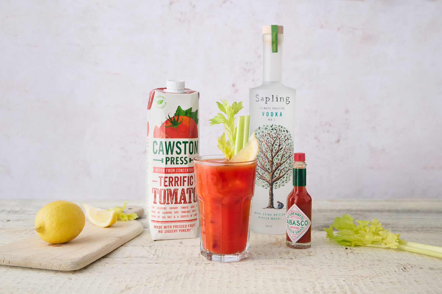 A Bloody Mary on a table with Cawston Press Terrific Tomato pressed juice